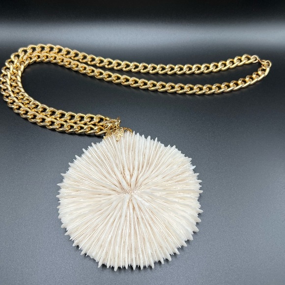 Ocean Mushroom Coral Natural White Pendant Necklace With Gold Tone Statement - Picture 1 of 16